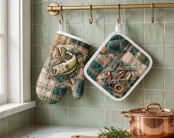 Vintage Bauernhaus Ofenhandschuh & Topflappen Set, hitzebeständige Küchenhandschuhe, rustikale Küchendekoration, Kochgeschenk, Housewarming Geschenkidee