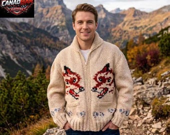 Men's Hand Knit Wool Wolf Cardigan | Vintage Canadian Cowichan Style Sweater