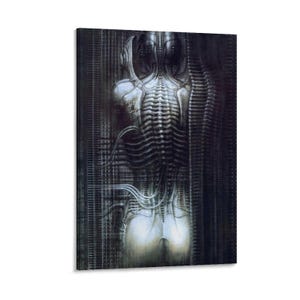 May include: A canvas print featuring a surreal, biomechanical artwork. The image depicts a humanoid figure with a skeletal structure and intricate, organic details. The color palette is primarily dark, with shades of gray and white.