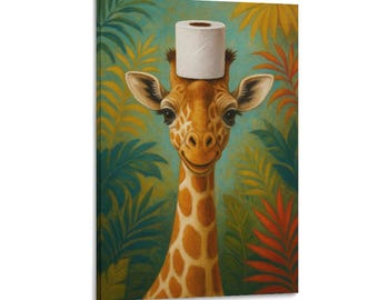 May include: A whimsical canvas print featuring a giraffe with a roll of toilet paper balanced on its head. The giraffe has a brown and white spotted coat, with a smiling expression. The background is a colorful jungle scene with green, yellow, and red foliage.