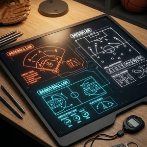 Könnte beinhalten: Ein digitales Tablet mit Sportdiagrammen für Baseball, Basketball und Fußball, beschriftet mit "AI Coaches 3 Pack". Der Bildschirm zeigt Spielschemata und Datenanalysen. Eine Stoppuhr und ein Schlüsselanhänger mit "PROMPT PILOT" sind ebenfalls zu sehen.