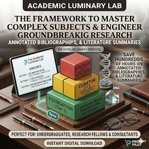 May include: An advertisement for Academic Luminary Lab, with a tablet showing content sections, stacked blocks labelled "Foundation," "Curator," and "Strategist," and a DNA model. The text promotes mastering complex subjects and engineering research.