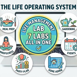 May include: A laptop screen shows a graphic with the words "LIFE MANAGEMENT LAB" and "7 LABS ALL IN ONE." Icons for meal prep, mindfulness, gardening, events, party planning, and home admin surround the laptop. The image is on a white desk with books and a plant.
