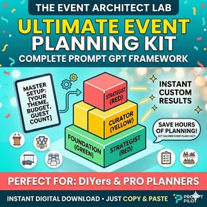 May include: An advertisement for an event planning kit. The image features a tiered diagram with the words "Foundation," "Curator," and "Strategist." Text includes "Ultimate Event Planning Kit" and "Instant Digital Download." The color scheme is primarily green, yellow, and red.
