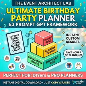 May include: A colorful graphic for a birthday party planner. The text reads "ULTIMATE BIRTHDAY PARTY PLANNER" and "63 PROMPT GPT FRAMEWORK." It features a tiered diagram with the words "Foundation," "Curator," and "Strategist." Additional text includes "Instant Custom Results."