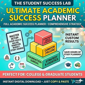 May include: An academic success planner with a layered design. The image features text including "Ultimate Academic Success Planner," "Master Setup," and "Instant Custom Results." The planner is designed for college and graduate students, offering a comprehensive strategy.