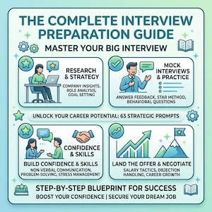 Peut inclure: Infographie intitulée "Le Guide complet de préparation aux entretiens" avec des sections sur la recherche, les simulations d'entretiens, la confiance et la négociation. Comprend du texte tel que "Maîtrisez votre grand entretien".