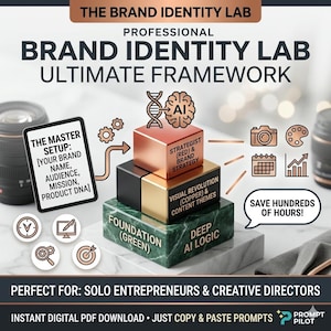 May include: A promotional graphic for "The Brand Identity Lab" featuring a layered block design. The design includes text, icons, and the phrase "Ultimate Framework." The graphic is designed for entrepreneurs and creative directors.