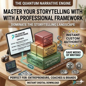 May include: Image promoting "The Quantum Narrative Engine" with text: "Master Your Storytelling With A Professional Framework." Features a tablet, laptop, and stacked boxes labeled "Foundation," "Curator," and "Strategist." Includes the text "Instant Digital Download."