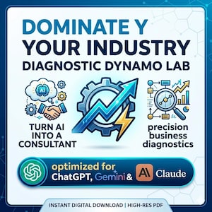 May include: A digital graphic with the text "DOMINATE Y YOUR INDUSTRY DIAGNOSTIC DYNAMO LAB." It includes icons representing AI, business analytics, and the text "TURN AI INTO A CONSULTANT" and "precision business diagnostics."