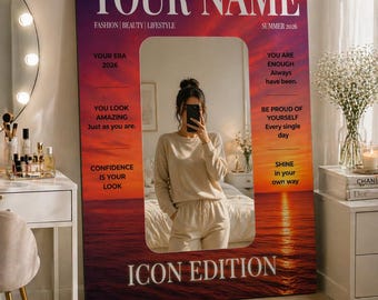 Espejo con portada de revista personalizada, espejo de tocador con nombre personalizado, decoración estética para la habitación, espejo de pared inspirado en la moda, regalo para ella, edición Icon