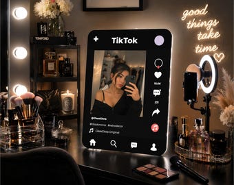 Espejo TikTok negro personalizado, espejo personalizado para sala de juegos, decoración LED para configuración de juegos, espejo de escritorio estético, regalo para él.
