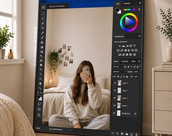 Espejo Photoshop personalizado, decoración de estudio creativo, espejo con diseño de nombre personalizado, arte de pared estético, regalo para la habitación del diseñador o creador de contenido.