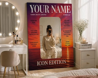 Espejo con portada de revista personalizada, espejo de tocador con nombre personalizado, decoración estética para la habitación, espejo de pared inspirado en la moda, regalo para ella, edición Icon