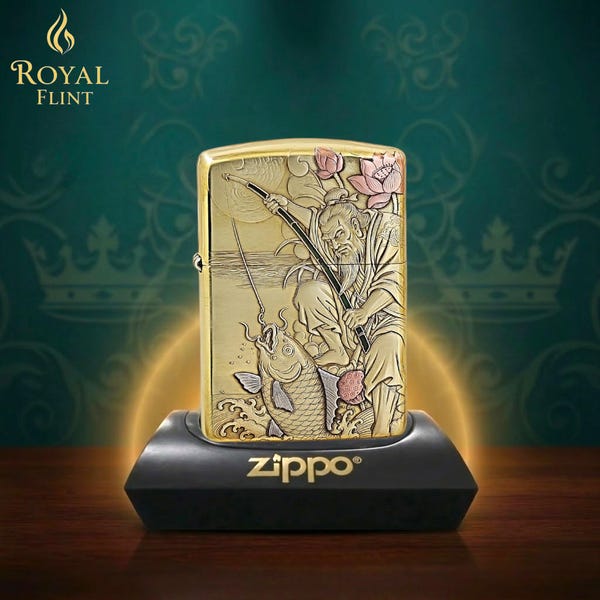 Encendedor Zippo tradicional de pescador con diseño de carpa koi, artículo de colección, grabado en oro, arte vintage, regalo de cumpleaños para él, regalo del Día del Padre, accesorio para hombre