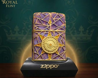 Celestial Compass Zippo Lighter, Purple Galaxy Mosaic Relief Art Collectible, Gold Starburst Luxury Display Gift