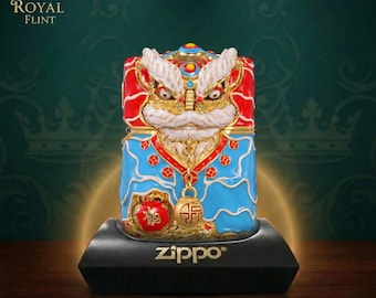 Encendedor de metal coleccionable, regalo para él, encendedor chino con cabeza de león dragón guardián, encendedor de bolsillo a prueba de viento con diseño de la suerte y la fortuna.