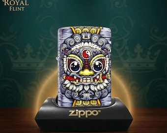 Encendedor Zippo con máscara de guardián colorida, diseño vibrante de inspiración asiática, regalo para él, perfecto para cumpleaños y el Día del Padre, artículo de colección único.