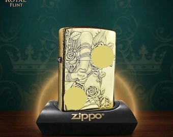 Metal Lighter Collectible Lighter Gift for Him, Gold Engraved Rose Woman Art Lighter, Vintage Style Windproof Flame, Premium Pocket Lighter