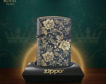 Vintage floral pattern Zippo lighter elegant gold black design collectible Zippo lighter gift for him luxury engraved windproof lighter