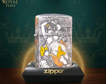 Art collector gift for him Zippo lighter collectible, engraved mythic woman design vintage style, birthday gift, unique piece