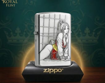 Elegant engraved lighter gift for him, anime inspired red kimono girl design Zippo lighter, collectible mens accessory lux windproof gift