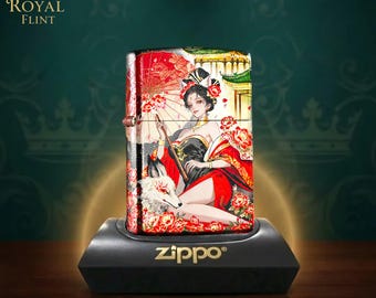 unique gift for him geisha fox art Zippo lighter, Japanese style collectible lighter, birthday gift anniversary gift mens accessory
