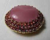 Vintage Austrian Pink Rhinestone Large Glass Cab Oval Brooch Prong Set Open Back Gold Tone Mid Century Costume Jewelry