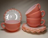 4 Vintage Hazel Atlas Pink Crinoline Cup and Saucer Sets with Beaded Handles Ruffled Edge 1950 39 s Pastel Mid Century MCM Kitchenware