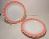 Set of 4 Vintage Hazel Atlas Pink Crinoline Ruffled 9 quot Plates Milk White w Fired On Color 1950 39 s Pastel Mid Century MCM Kitchenware