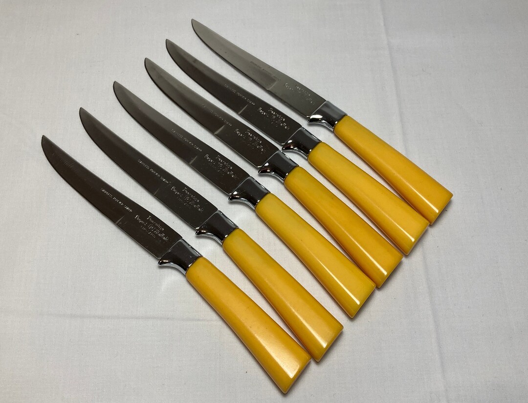 6 Vintage Sheffield Steak Knives W/ Butterscotch Bakelite Etsy