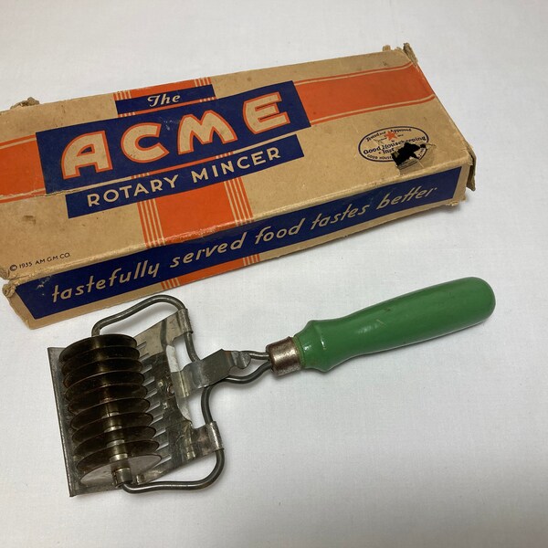 Vintage 1935 ACME Rotary Mincer w/ Green Wood Handle & Box ~ Kitchen Gadget ~ Made in USA ~ Art Deco Depression Kitchenware