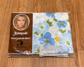 Vintage Daisy Double Flat Sheet Dan River Blue Green Floral Percale NIP