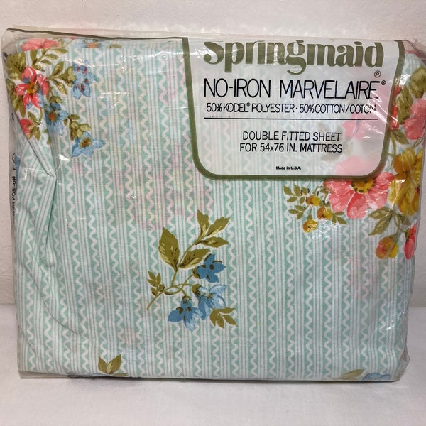 Vintage NOS Springmaid Floral Bridal Veil Double Fitted Sheet ~ No-Iron Marvelaire ~ Made in USA Sealed
