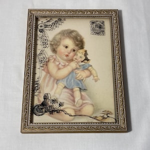 Vintage Charlotte Becker Print: Little Girl with Doll, Convex Glass Frame