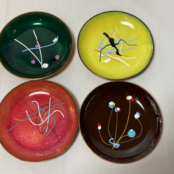 Vintage MCM Abstract Enamel on Copper Nesting Dishes ~ Salt, Sauce, Trinket ~ Set of 4 ~ Mid Century Decor & Dining