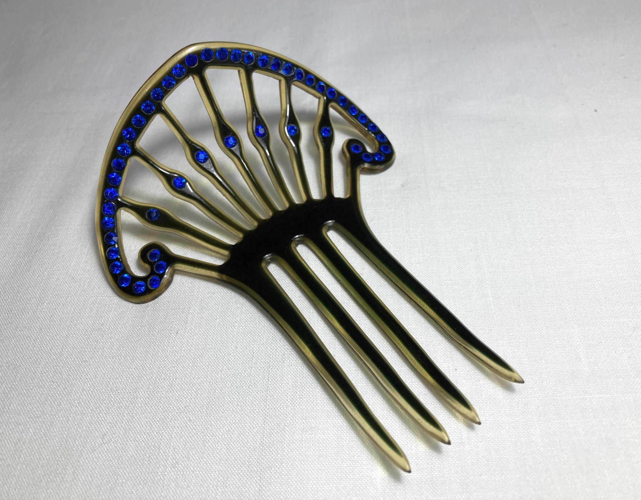 Vintage Art Deco Celluloid Hair Comb Pierced Design Blue  display picture 1