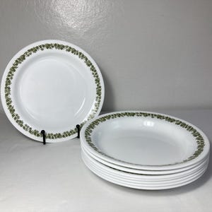 May include: A set of white dinner plates featuring a green floral pattern along the rim. One plate stands upright on a black display stand, while a stack of several matching plates rests horizontally on the surface in front of it.