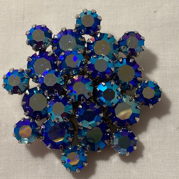 Vintage Weiss Blue Purple AB Layered Rhinestone Snowflake Brooch Silver Tone ~ Signed Designer Costume