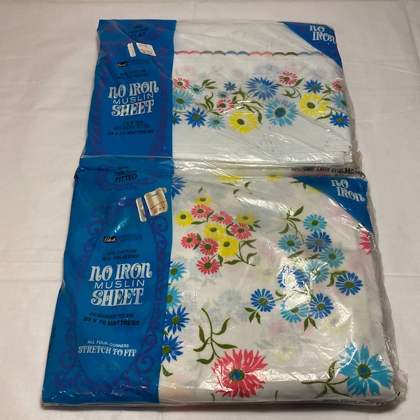 NOS Vintage 1960's Grants Home Daisy Sheet Set - Twin Fitted and Flat ~ No-Iron Muslin WT Grant USA Sealed