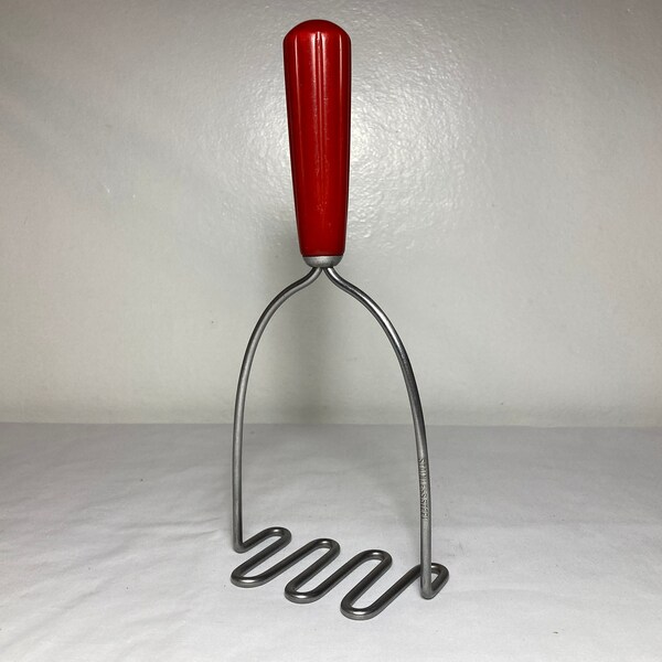 Vintage Stainless Potato Masher w/ Cherry Red Bakelite Handle ~ Art Deco Kitchen Utensil ~ Made in USA