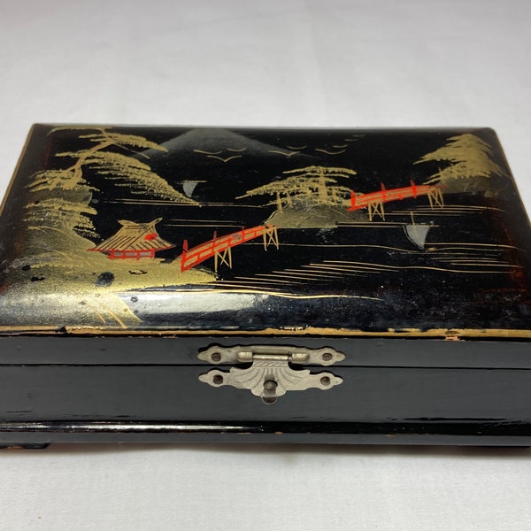 Vintage Japanese Hand Painted Lacquerware Wood Jewelry Trinket Stash Box ~ 1940's, Art Deco, WWII Era ~ Vanity Storage