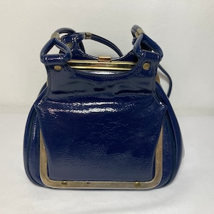 Vintage 1970's Boho Dark Blue Patent Crinkle Vinyl Shoulder Bag Purse