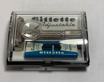 Vintage 1959 Gillette Fat Boy Adjustable Safety Razor E4 1-9 w/ Case Blades & Pamphlet Clean