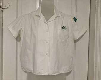 Vintage 1950's 60's Official Girl Scouts Uniform Blouse White Cotton Embroidered Logo 38 Bust