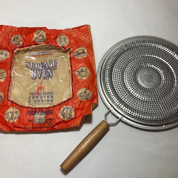 Vintage 1950's Ade-O-Matic Surface Oven Burner Diffuser Wood Handle Kitchen Gadget in Original Sleeve  ~ Made in USA