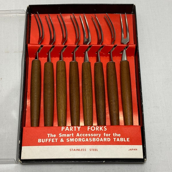 Vintage MCM Teak Handled Mini Buffet Party Forks in Box Stainless Set of 8 Made in Japan