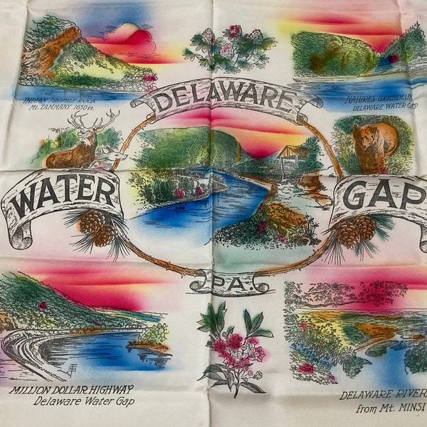 Vintage 1950's Delaware Water Gap PA Rayon Souvenir Scarf