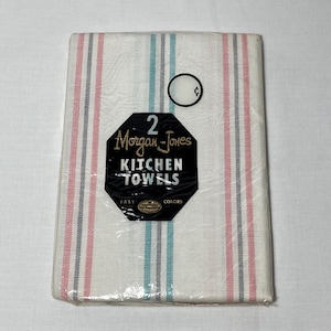 PR Vintage 1950s Pink Turquoise Stripe Kitchen Towels Morgan Jones NOS Linen Unused