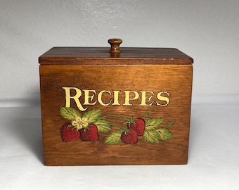 Vintage Wooden Recipe Box Hand Painted Strawberries 1970s